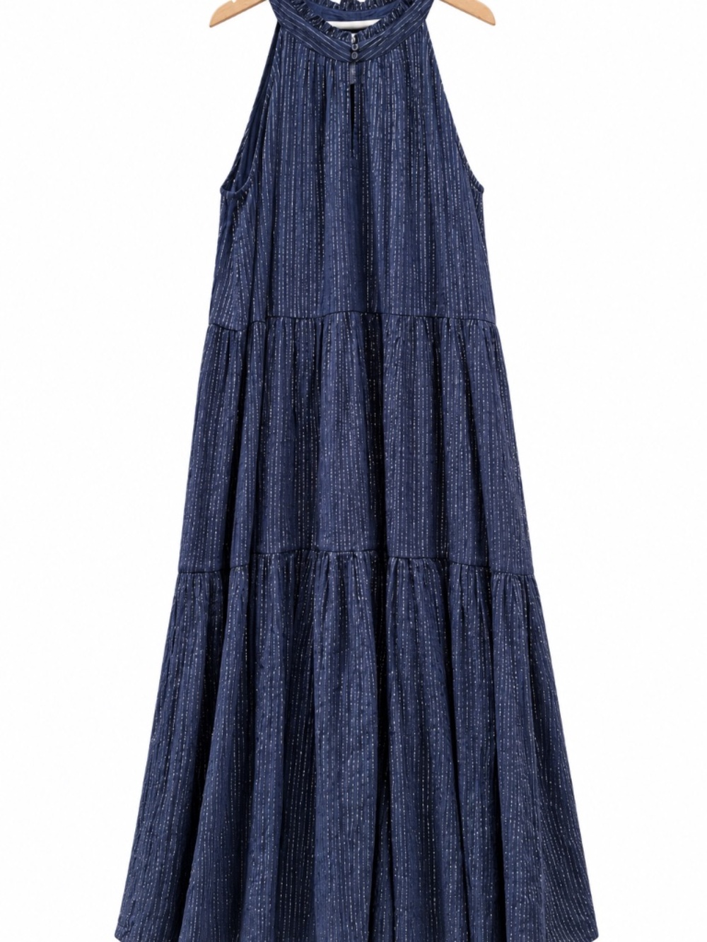A PIECE APART Metallic Stripe Maxi Dress Cotton Blue Large Like New